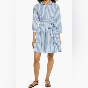 Eliza J Long Sleeve Belted Cotton Shirt Dress in Blue & Yellow Stripe - Size 6